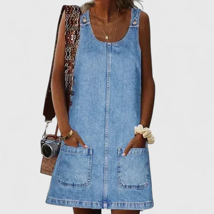 Women's Denim Overall Mini Dress - Blue