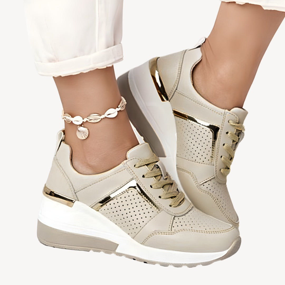 Lace Up Wedge Sneakers - Beige