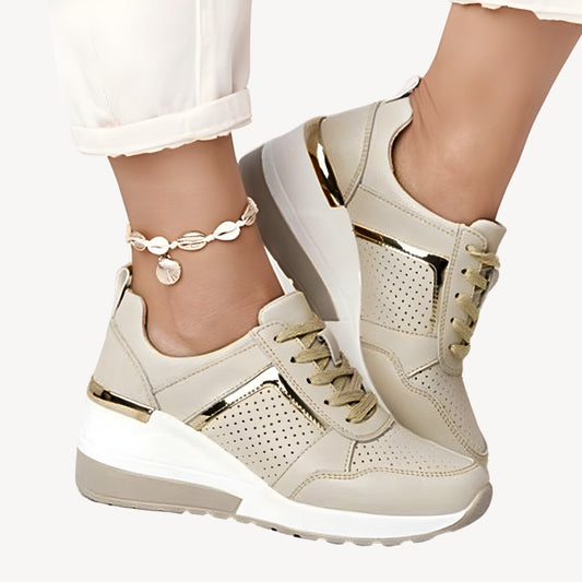 Lace Up Wedge Sneakers - Beige