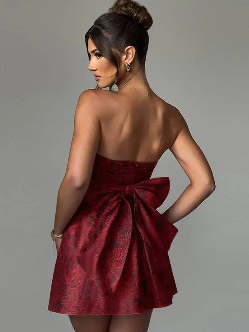 Women's Floral Jacquard Cocktail Mini Dress - Burgundy