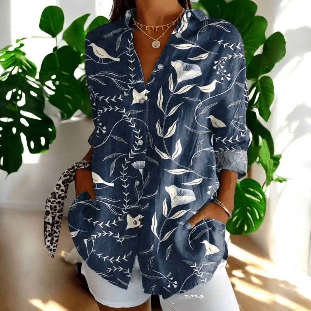 Women's Floral Oversized Blouse - Dark blue