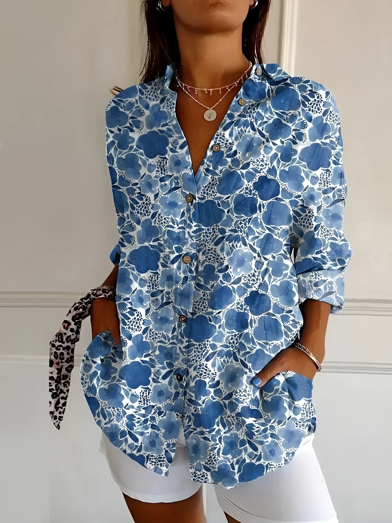 Women's Floral V-Neck Blouse - Dark Blue Floral