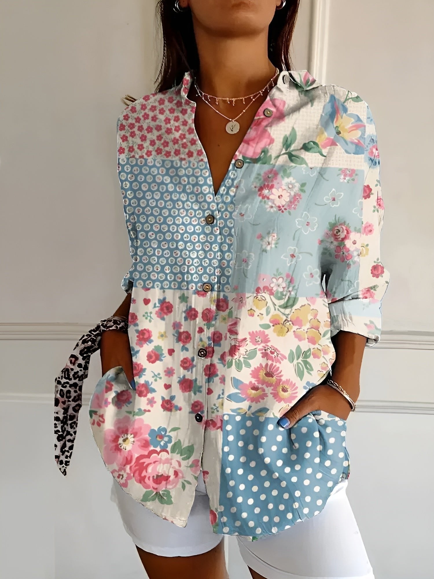 Women's Floral V-Neck Blouse - Floral Blue