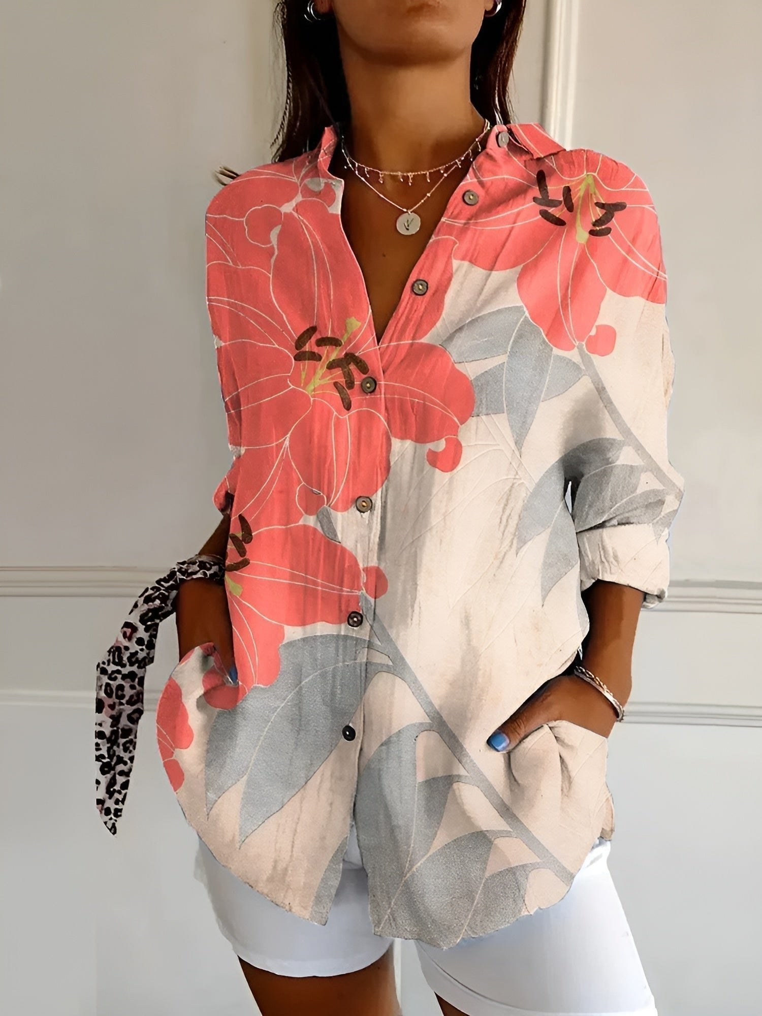 Women's Floral V-Neck Blouse - Orange/Gray Floral