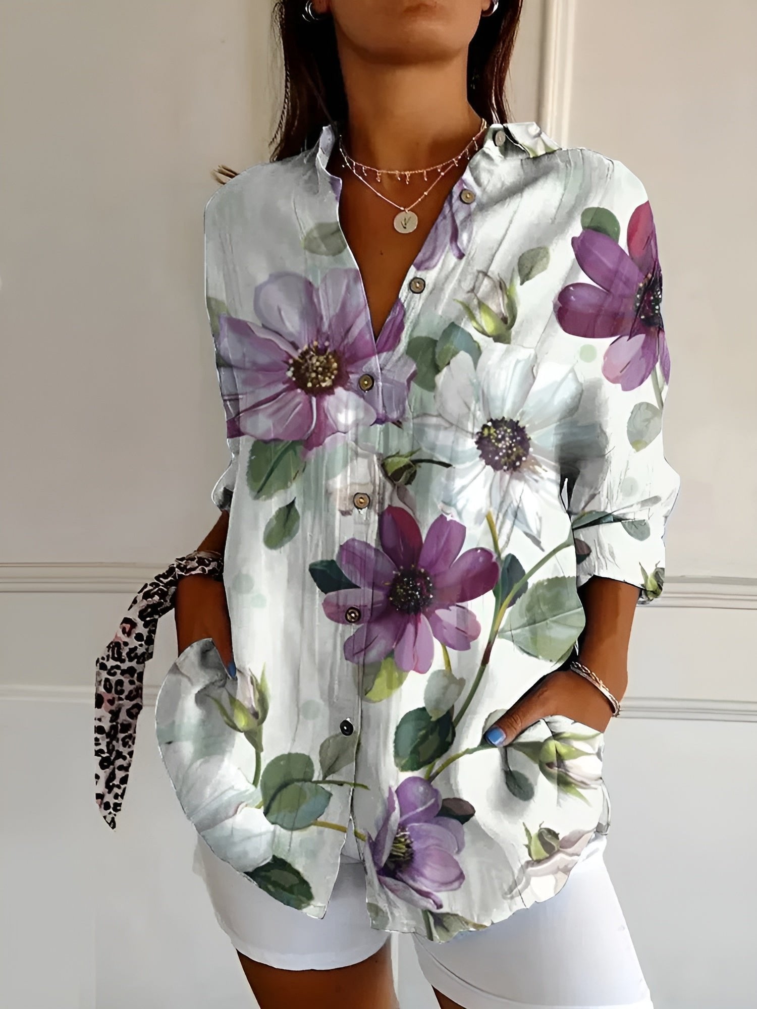 Women's Floral V-Neck Blouse - Purple Flowers