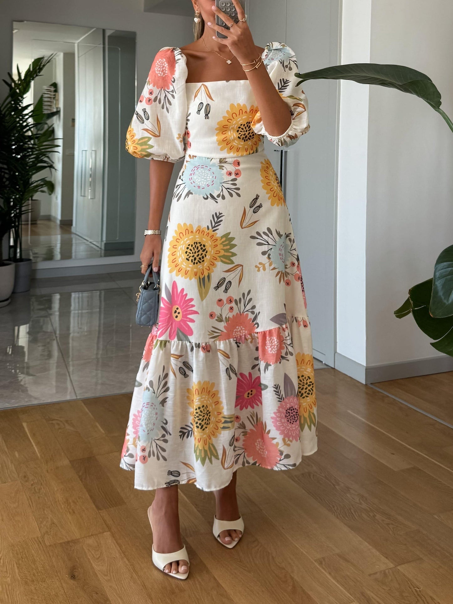 Floral Puff Sleeve Midi Dress - Multicolor