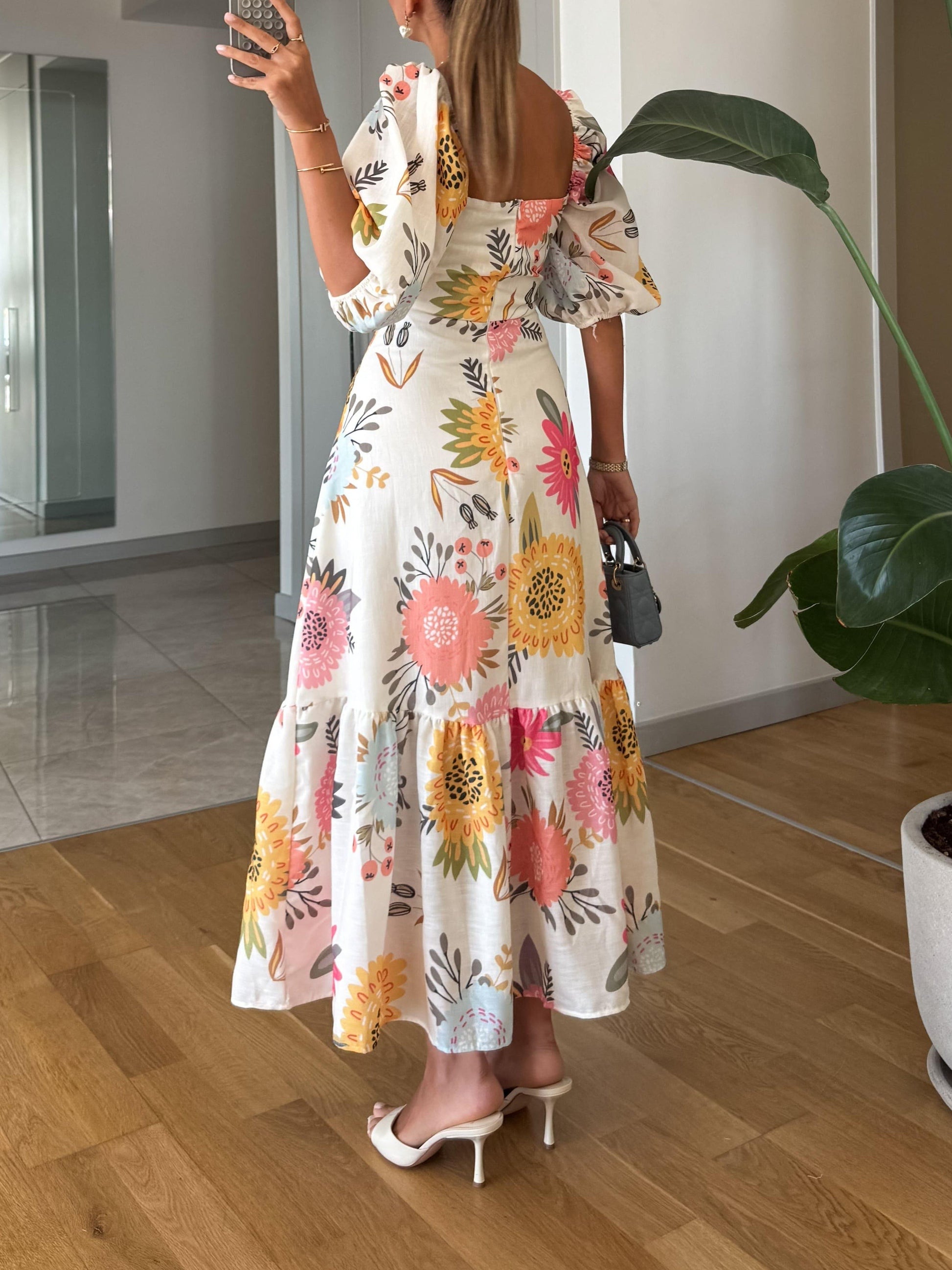 Floral Puff Sleeve Midi Dress