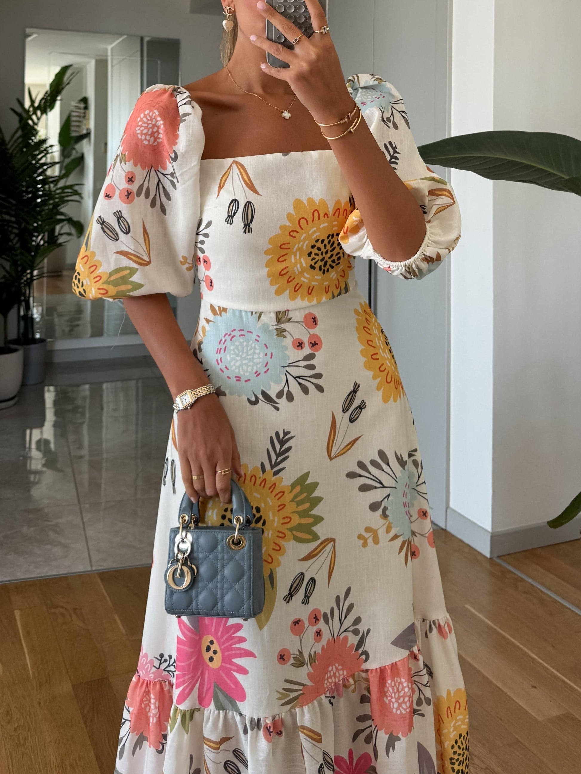Floral Puff Sleeve Midi Dress