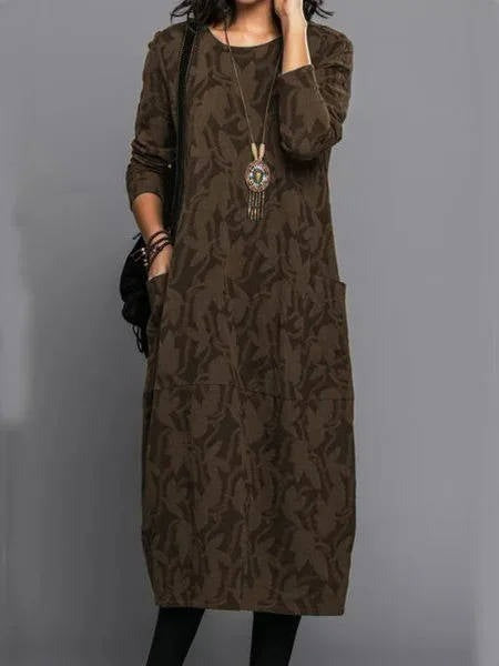 Long Sleeve Midi Dress - Brown