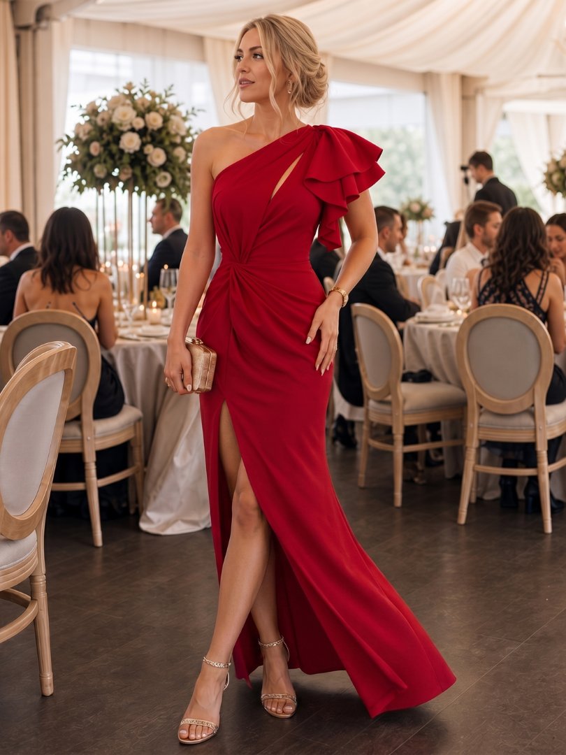 Women's One-Shoulder Bodycon Maxi Dress - Red