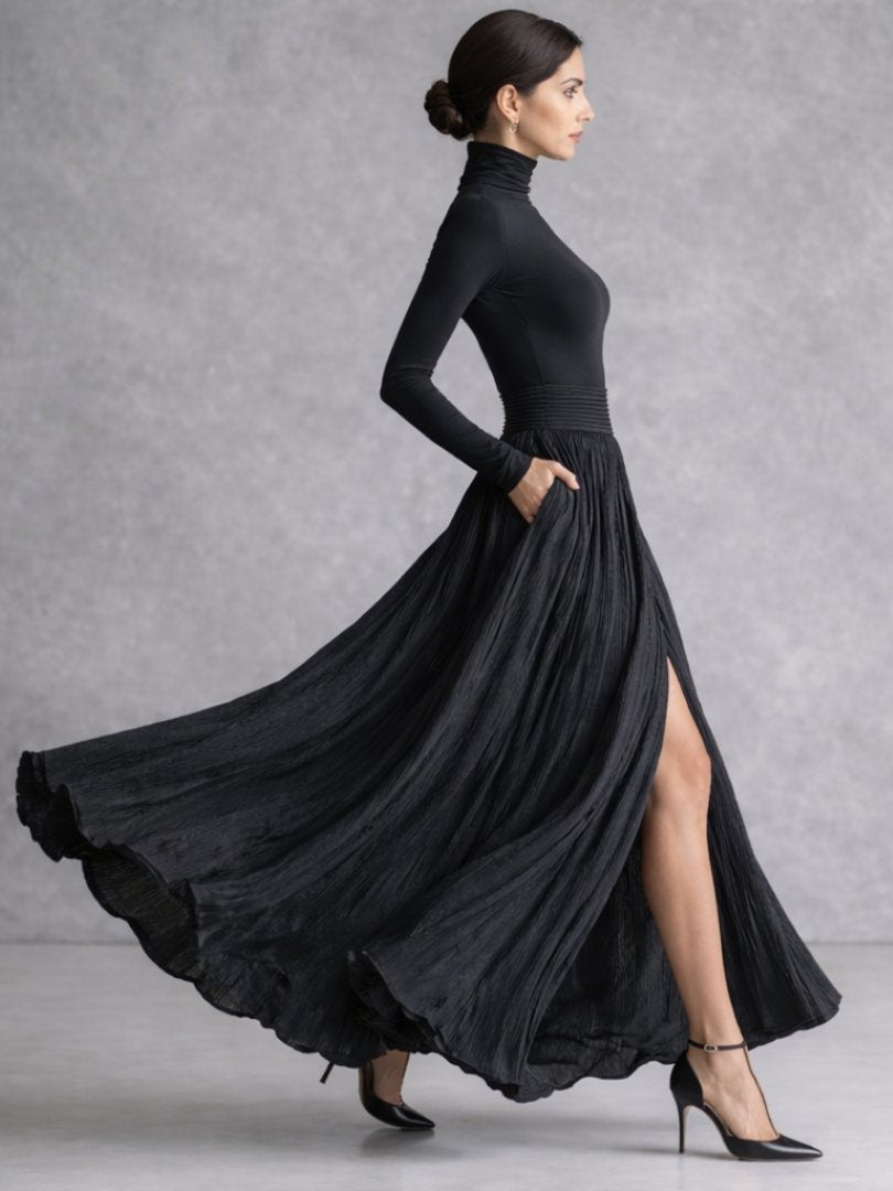 Women's Pleated Satin Maxi Skirt