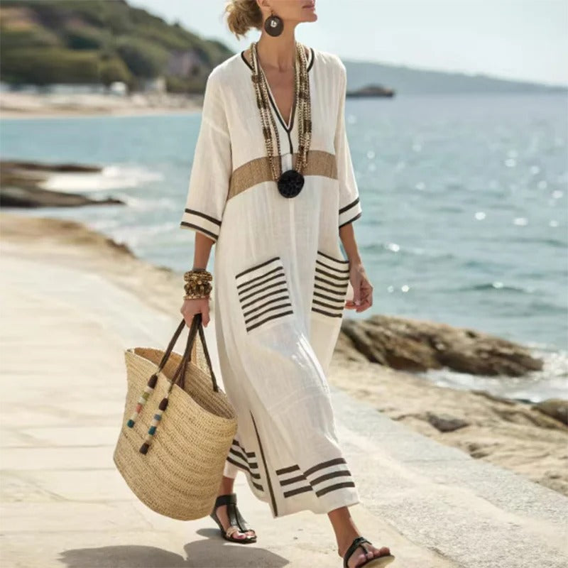 Striped Beach Kaftan Maxi Dress - Beige