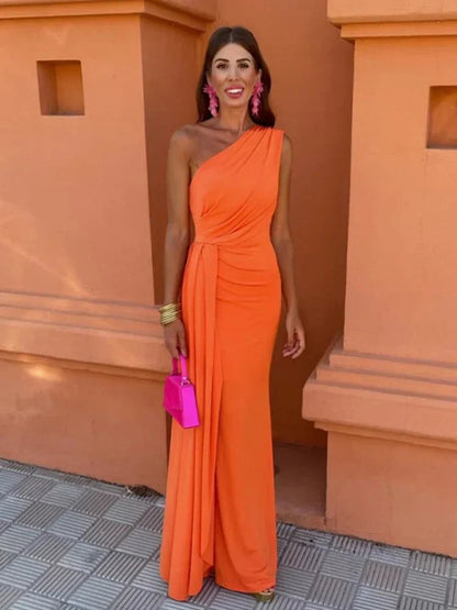 One Shoulder Wedding Guest Maxi Dress - Orange