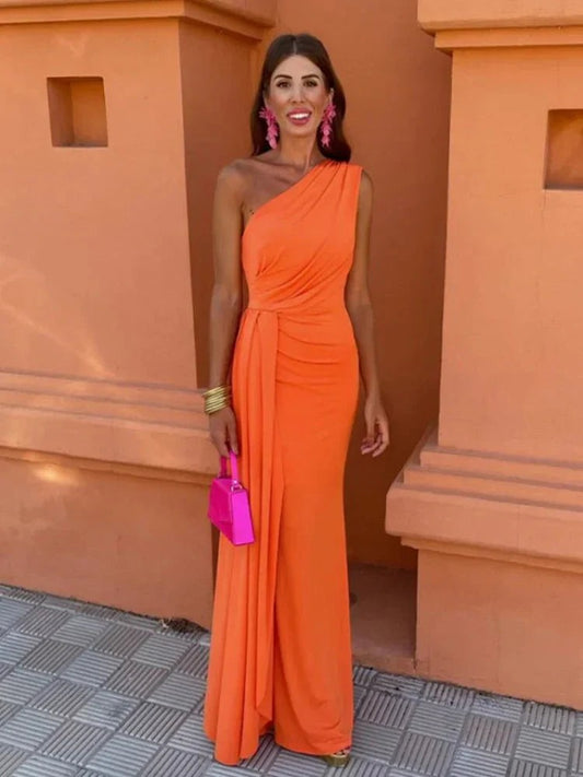 One Shoulder Wedding Guest Maxi Dress - Orange