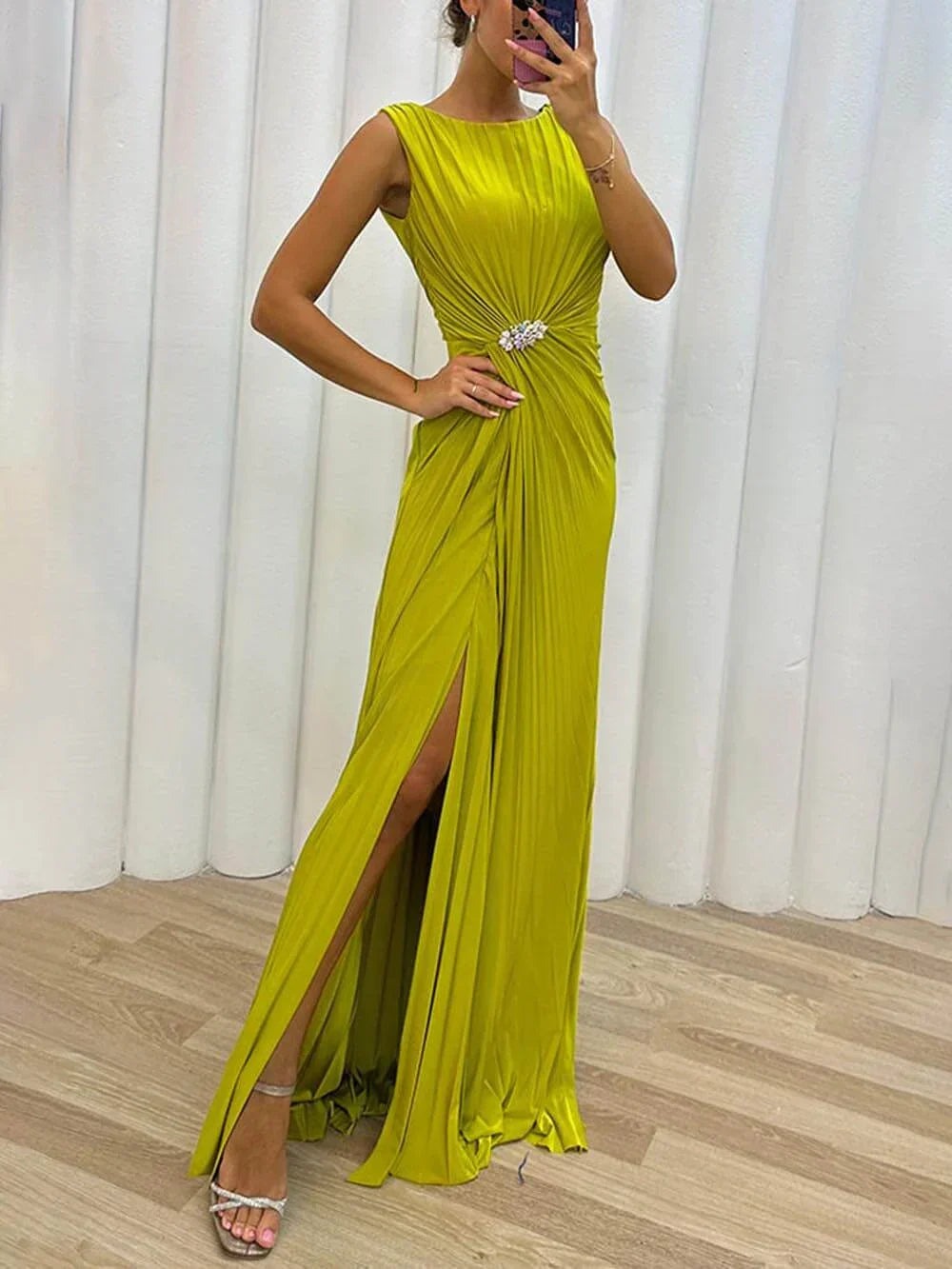 Ruched Formal Maxi Dress - Yellow