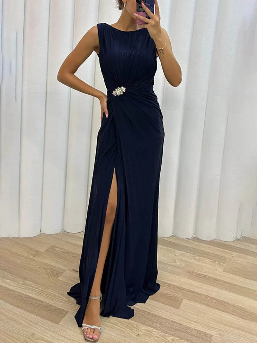 Ruched Formal Maxi Dress - Navy Blue