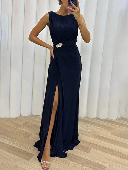 Ruched Formal Maxi Dress - Navy Blue