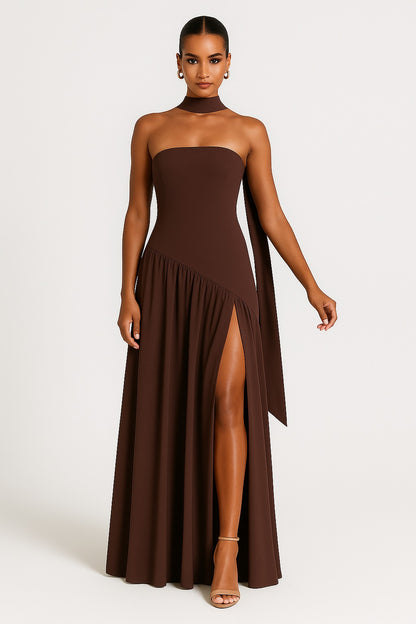 Formal Strapless Maxi Dress - Brown