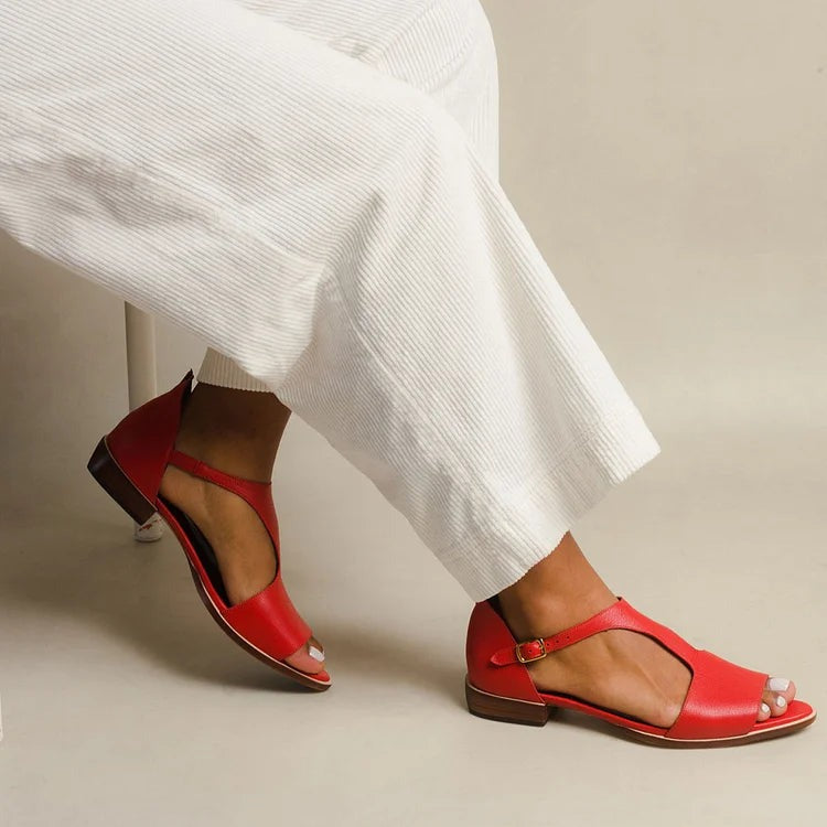 Peep Toe Flat Sandals - Red