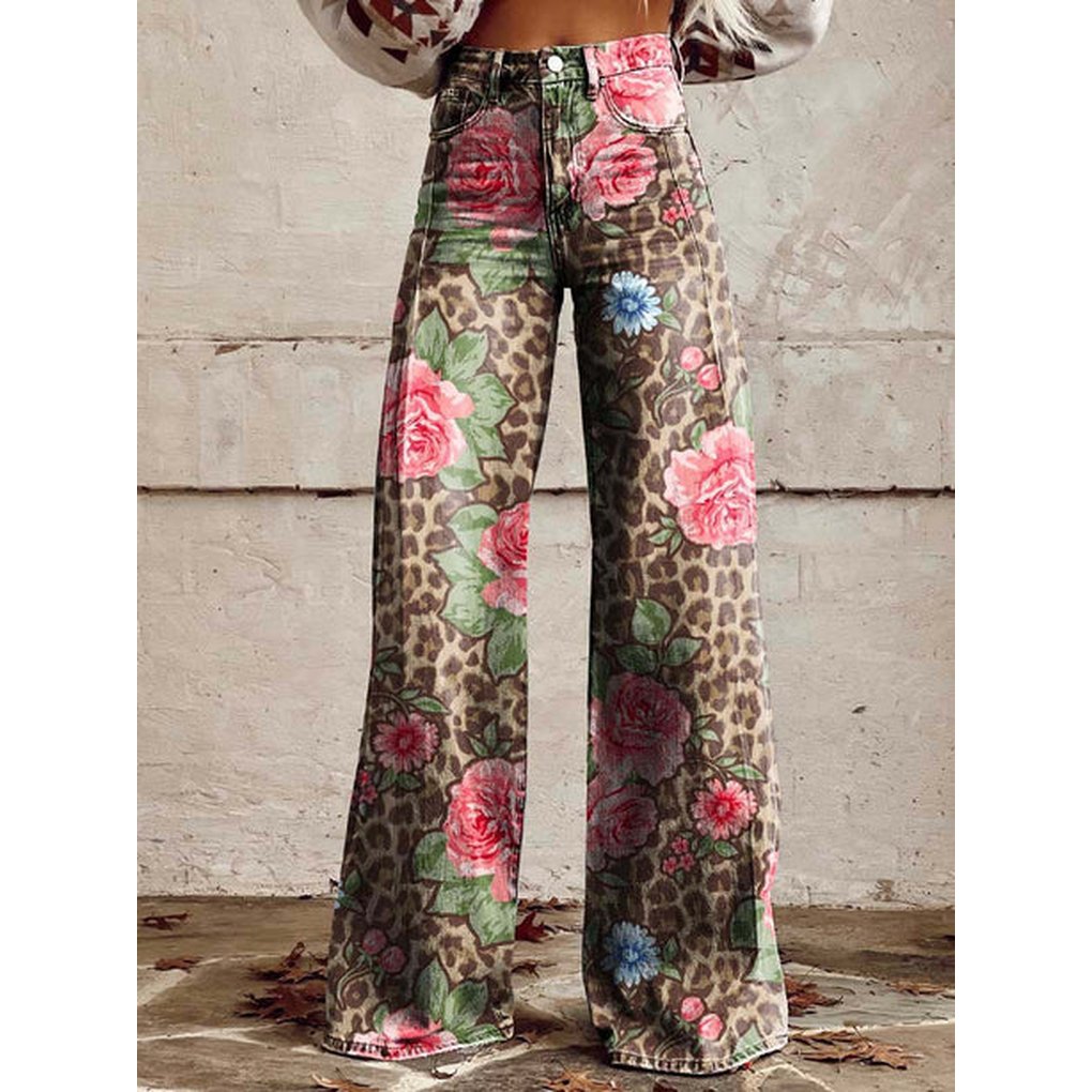 Women's Floral High-Waisted Wide-Leg Jeans - Pink & Leopard