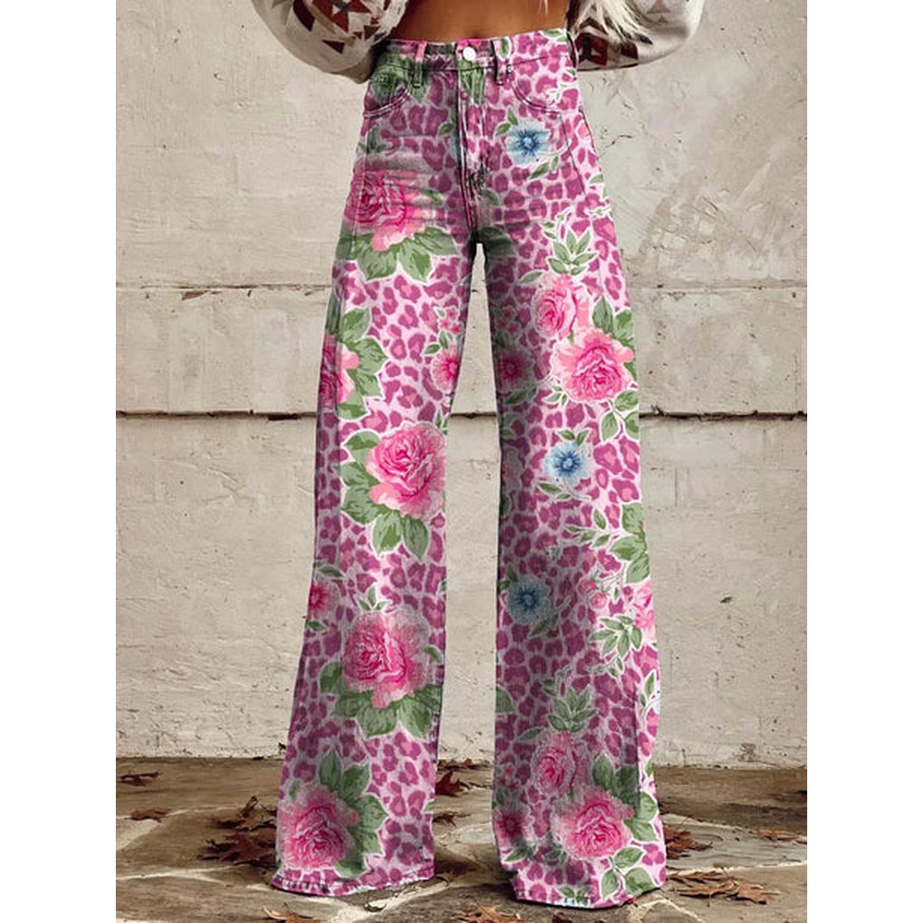 Women's Floral High-Waisted Wide-Leg Jeans - Pink flower