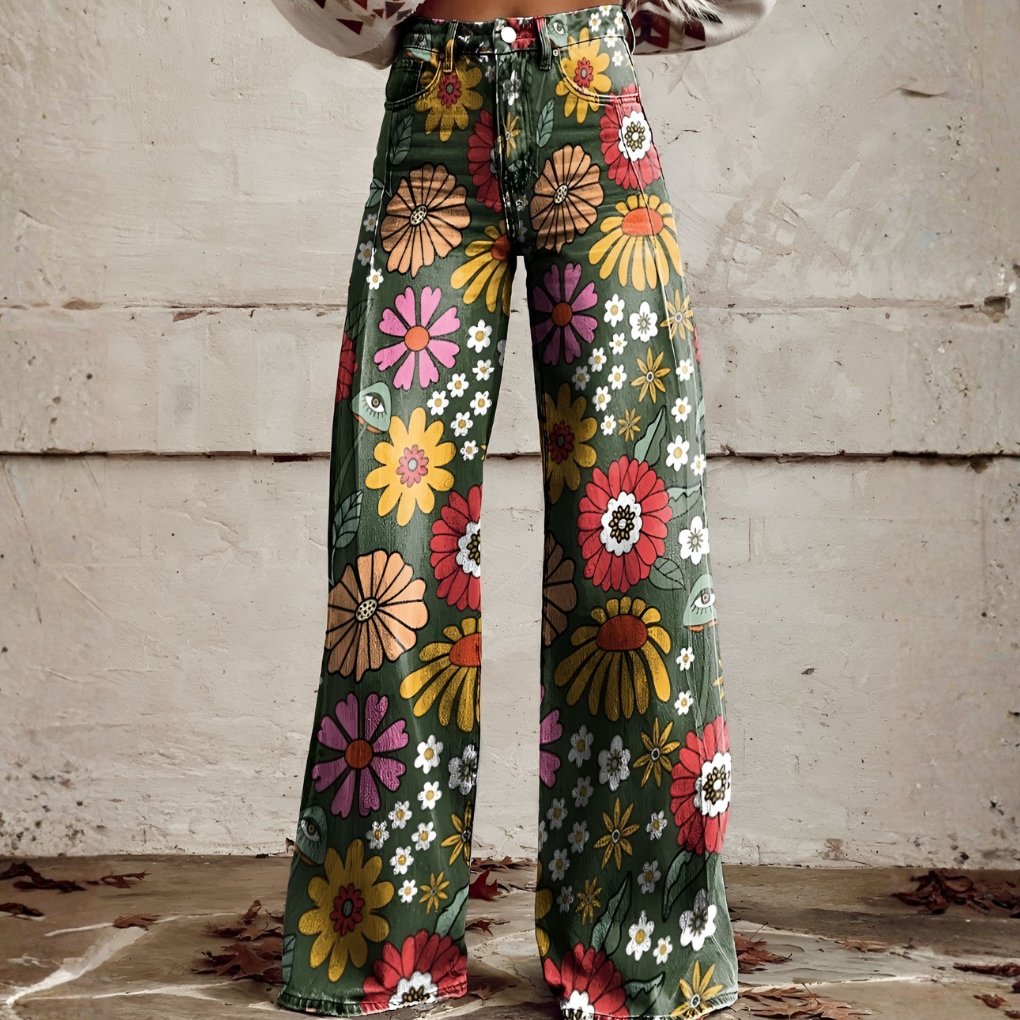 Women's Floral High-Waisted Wide-Leg Jeans - Waves & Flowers