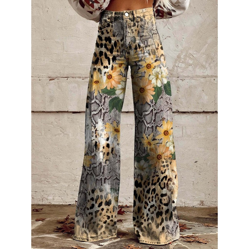 Women's Floral High-Waisted Wide-Leg Jeans - Leopards