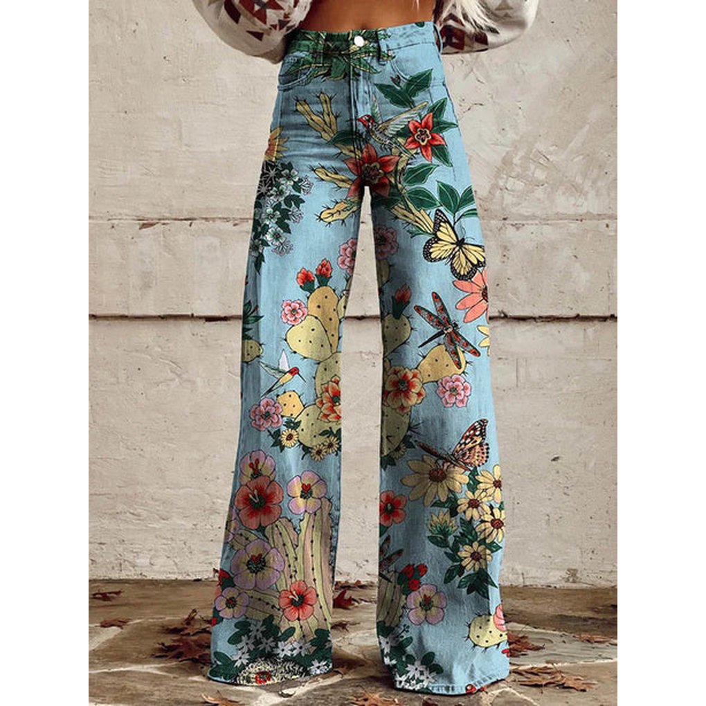 Women's Floral High-Waisted Wide-Leg Jeans - Blue Forest