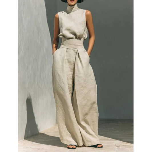 Wide Leg Pants Two Piece Set - Beige