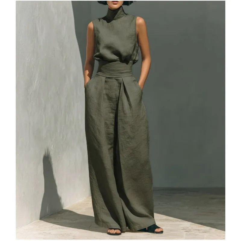 Wide Leg Pants Two Piece Set - Army Green