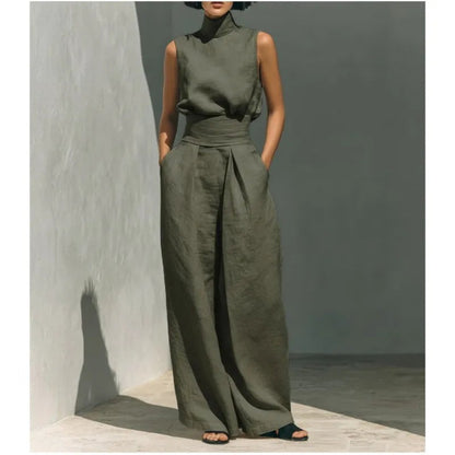 Wide Leg Pants Two Piece Set - Army Green