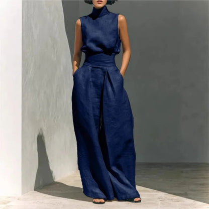 Wide Leg Pants Two Piece Set - Navy Blue