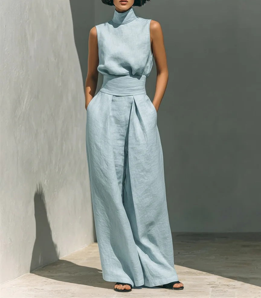 Wide Leg Pants Two Piece Set - Sky Blue