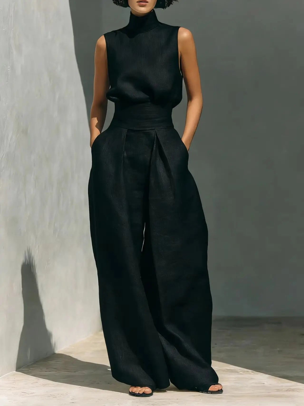 Wide Leg Pants Two Piece Set - Black