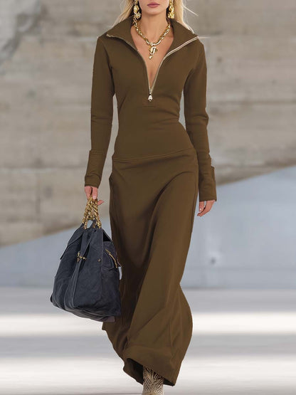 Long Sleeve Sweater Dress - Brown