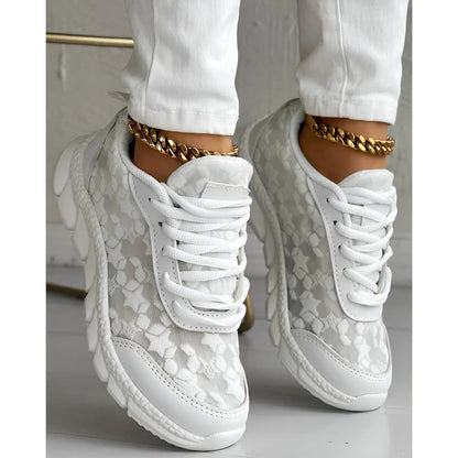 Floral Lace Platform Sneakers - White