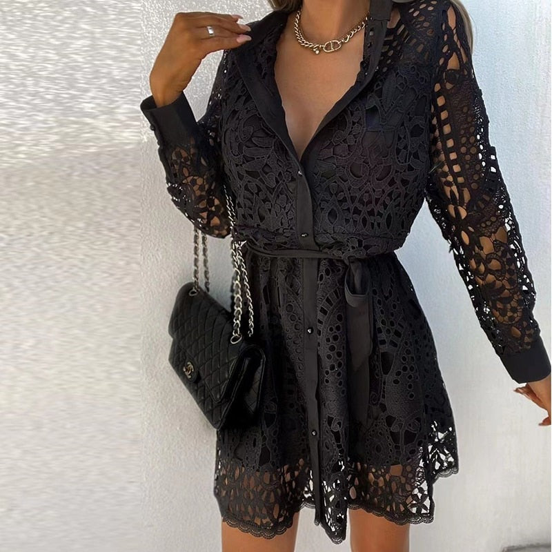 Long Sleeve Lace Mini Dress - Black