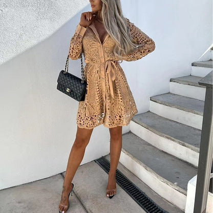 Long Sleeve Lace Mini Dress - Gold