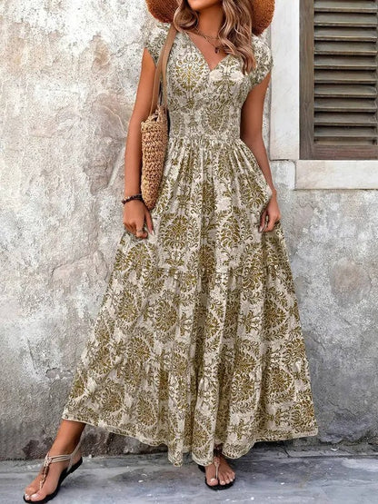 Boho Floral Maxi Dress - Khaki