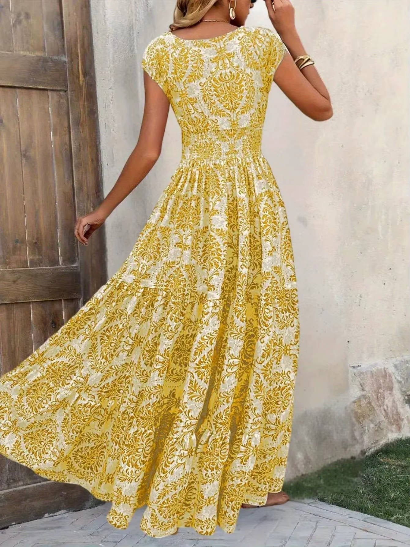 Boho Floral Maxi Dress - Gold