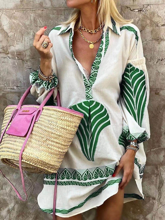 Printed Vacation Shirt Dress - Green