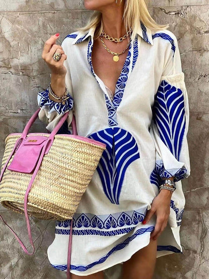 Printed Vacation Shirt Dress - Blue