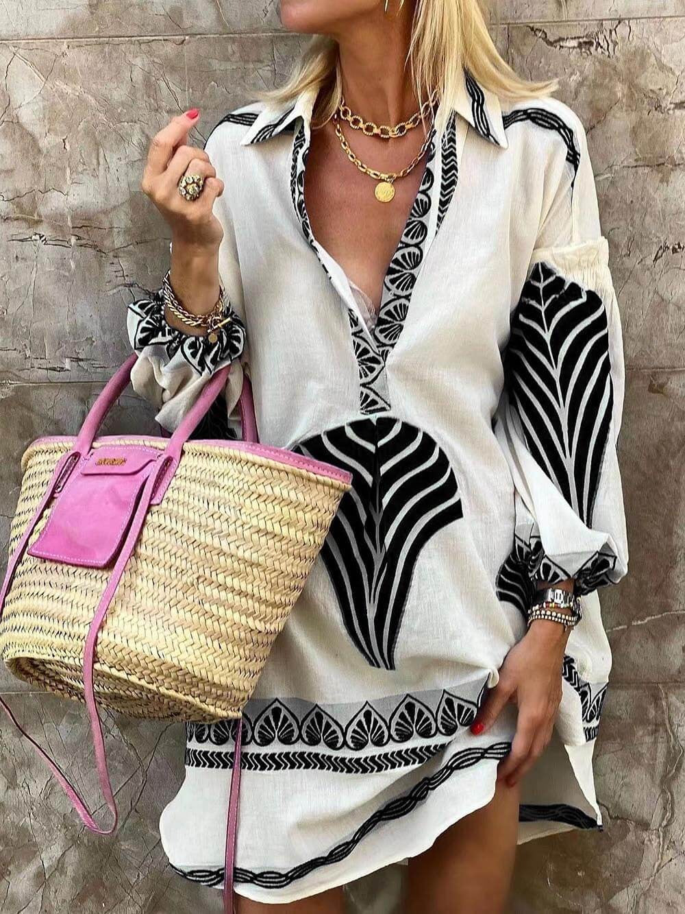 Printed Vacation Shirt Dress - Black