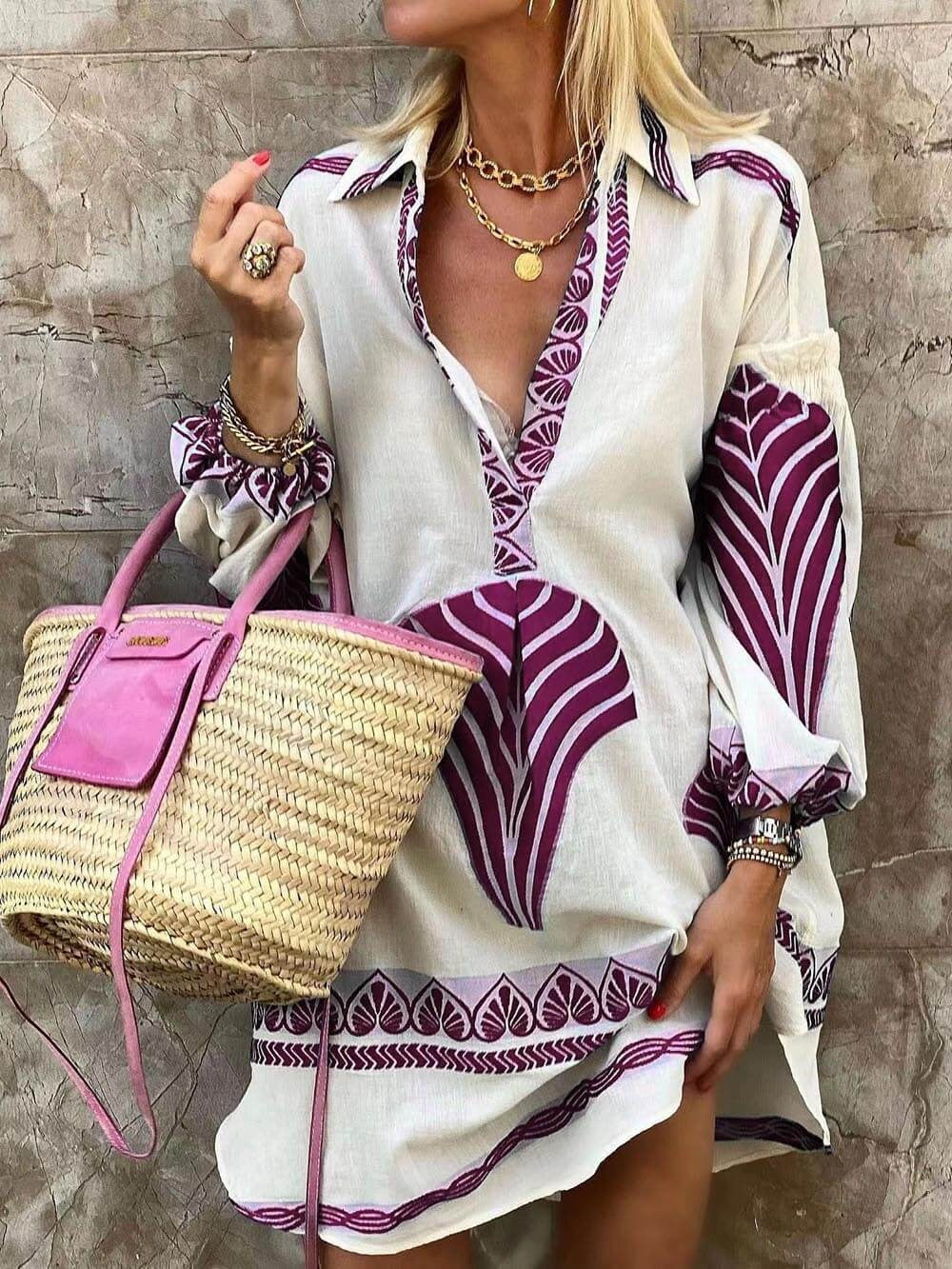 Printed Vacation Shirt Dress - Purple
