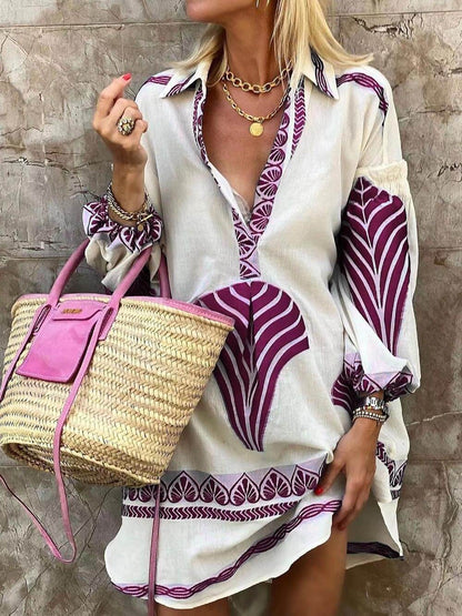 Printed Vacation Shirt Dress - Purple