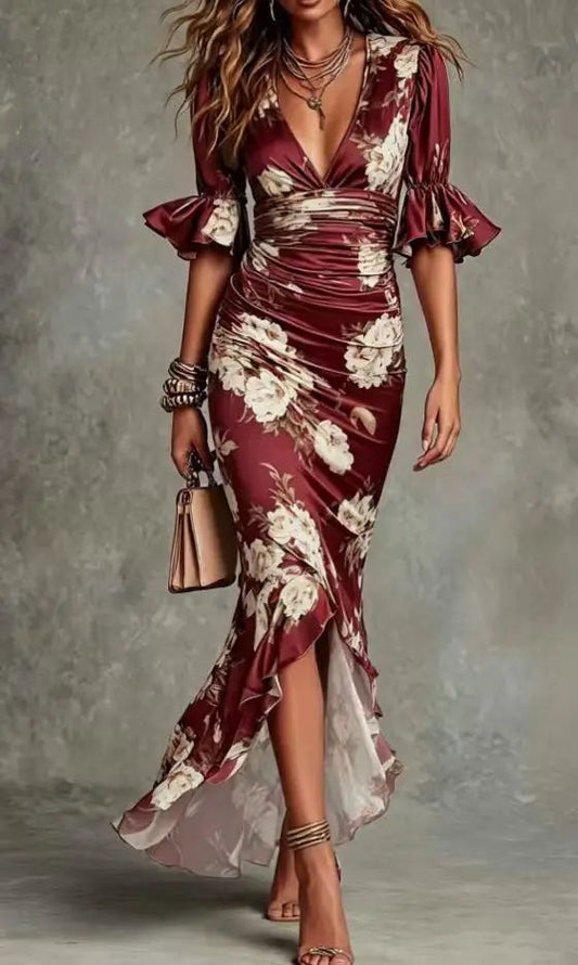 Floral Ruched Maxi Dress - Red