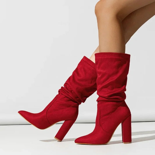 Slouchy Block Heel Boots - Red