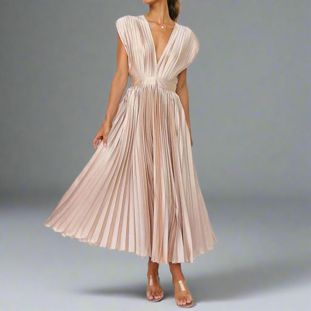 Wedding Guest Pleated Midi Dress - Champagne