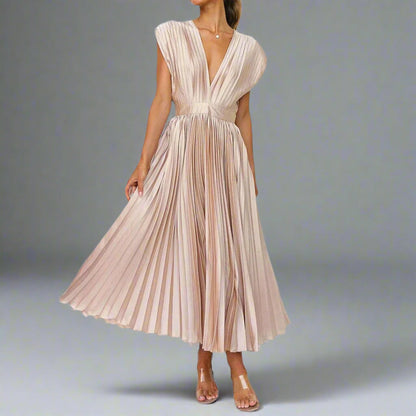 Wedding Guest Pleated Midi Dress - Champagne