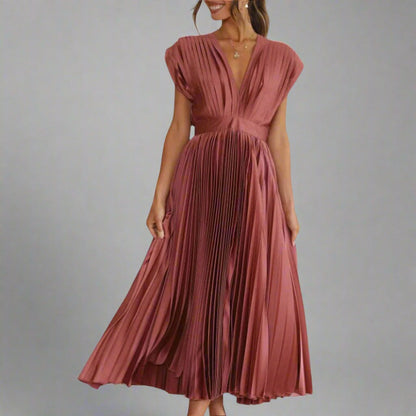 Wedding Guest Pleated Midi Dress - Rose Gold